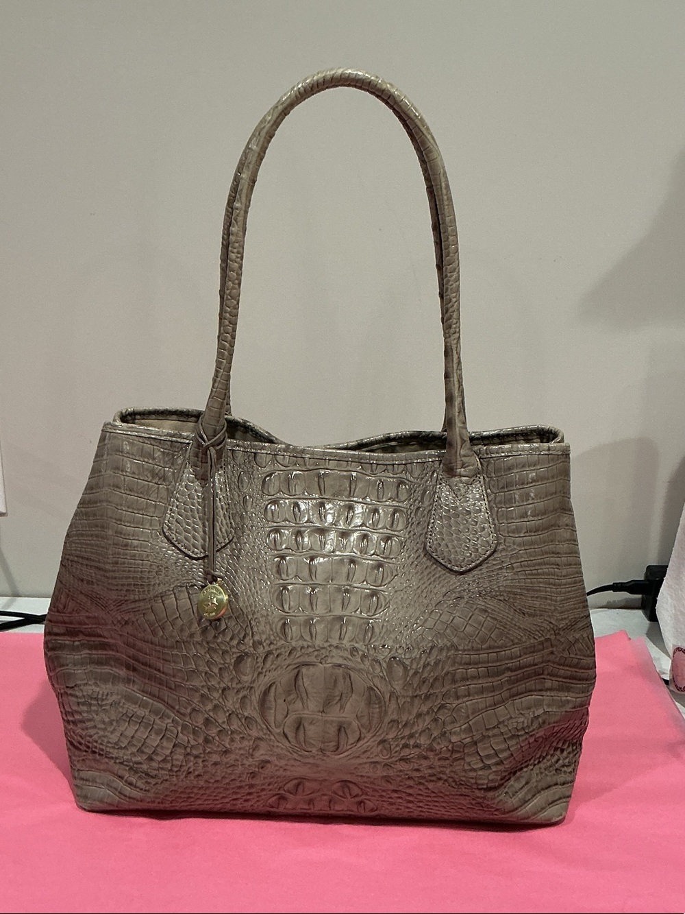 Brahmin Croc-Embossed Taupe Tote Handbag, EUC